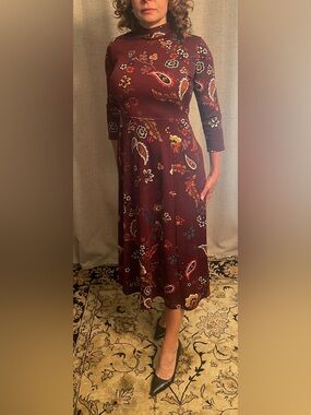 Burgundy Floral Paisley Maxi Dress with High Neck
